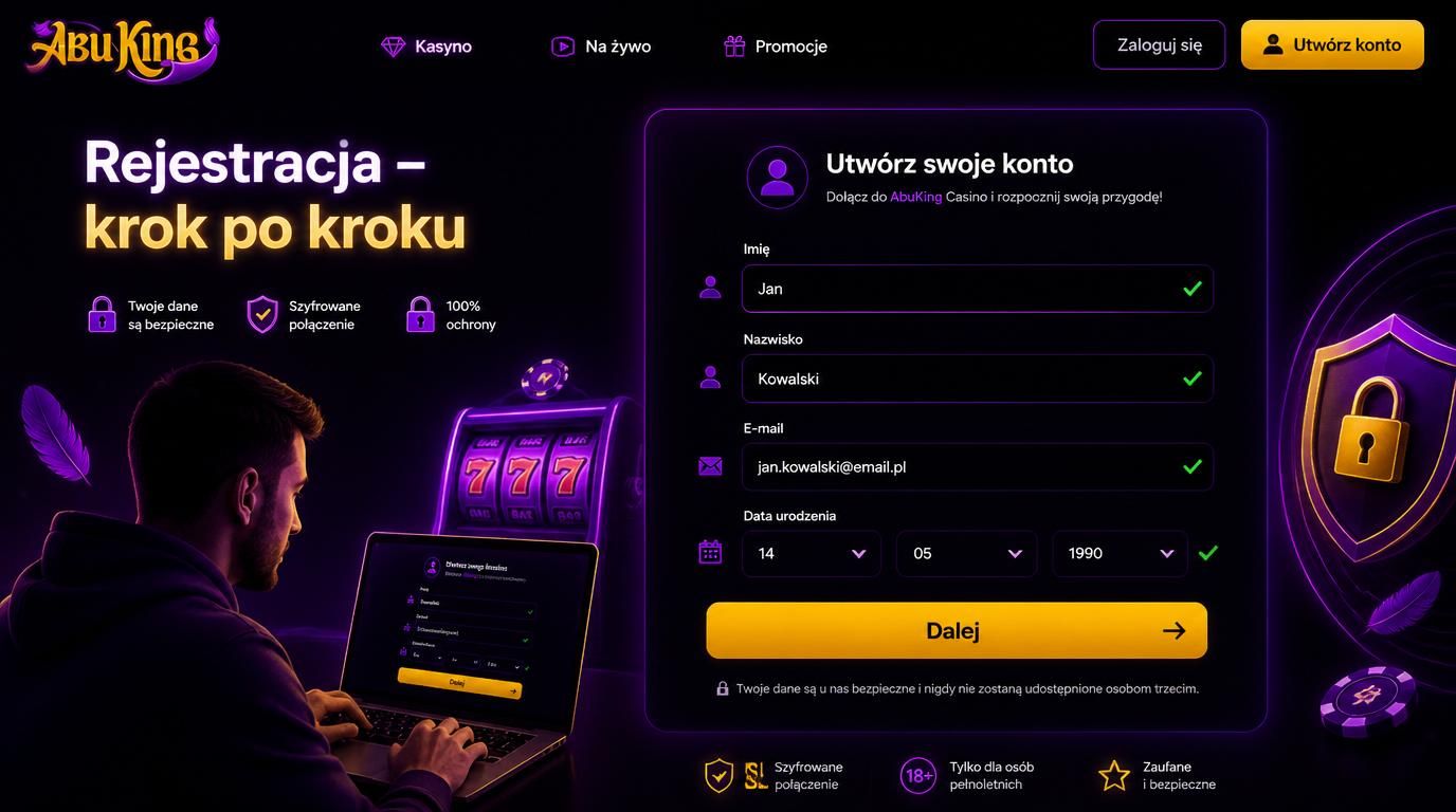 Rejestrujący się użytkownik przegląda formularz rejestracyjny w Abuking Casino.