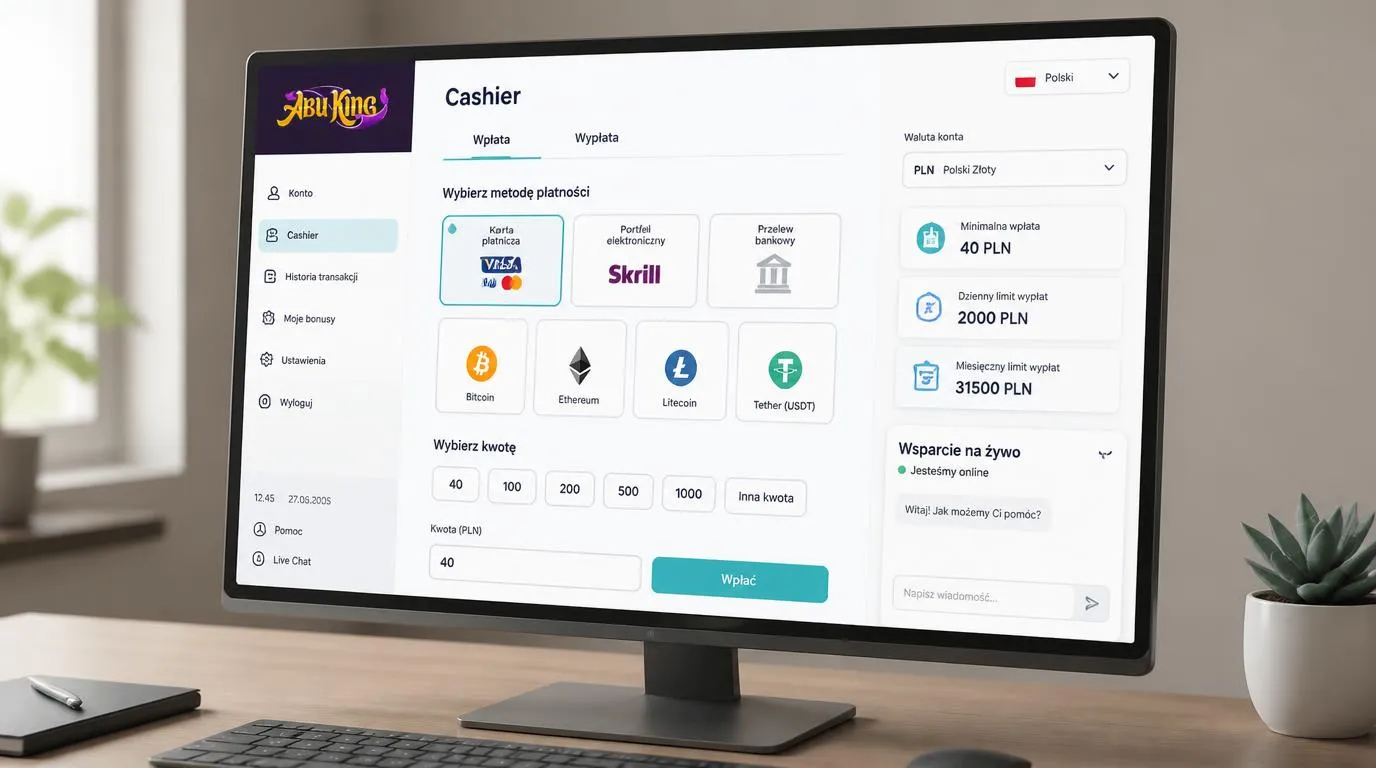 Panel kasy kasyna z kontem w PLN, wyborem kart, portfeli i kryptowalut oraz polską wersją językową