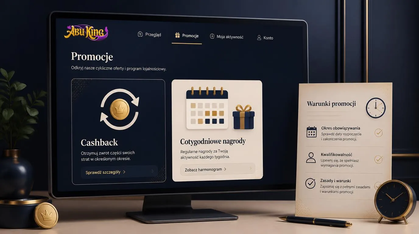 Panel promocji kasynowych z kartami cashbacku, tygodniowych nagród i kalendarzem ofert