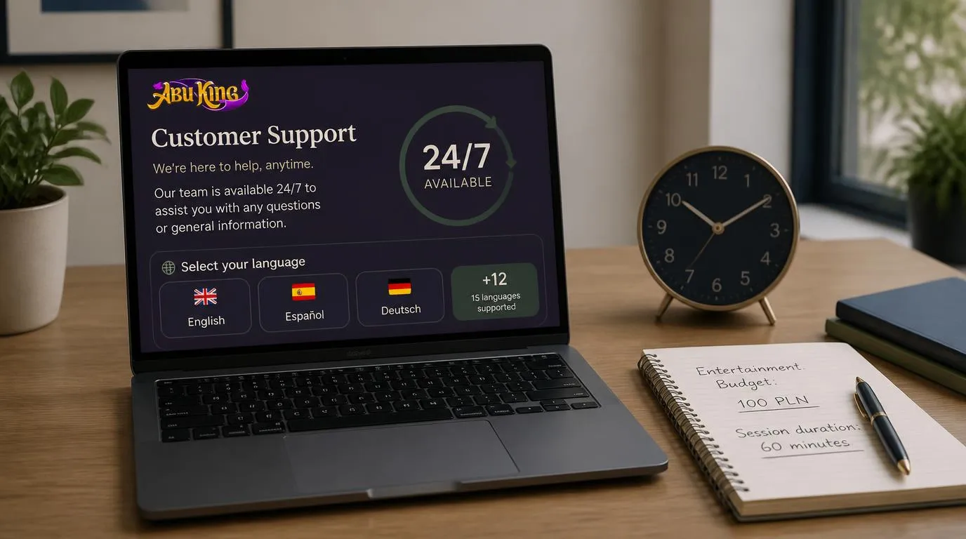 Panel wielojęzycznej obsługi klienta z symbolem dostępności 24/7 obok zegara i notesu z budżetem