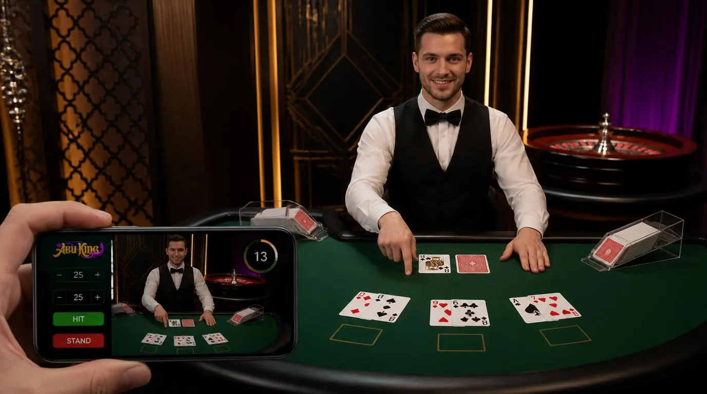 Krupier przy stole blackjacka oraz ekran telefonu z transmisją kasyna na żywo i widocznym limitem stawki